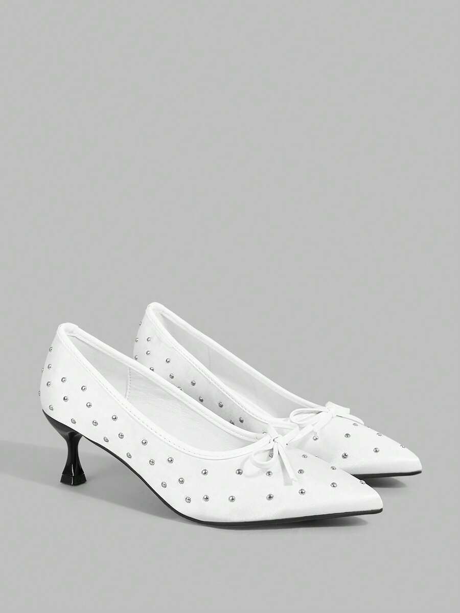 Ontre Women's Pointed Toe Satin Slip-On Pumps With Bow Decor, Sweet & Elegant Style, Suitable For Wedding, Date, Spring & Autumn - White - View 1