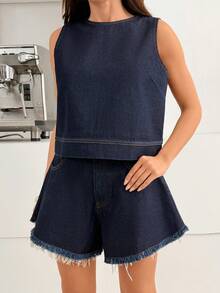 SHEIN Women Dark Blue Washed Detail Top & Shorts Two-Pieces Set - Navy Blue - View 4