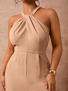 Veslaya Women's Plus Size Sleeveless Halter Neck Jumpsuit, Tie Dye Elegant Summer Long Wide Leg Jumpsuits For Wedding Guest, Parties, Beach & Vacation - Apricot - View 7