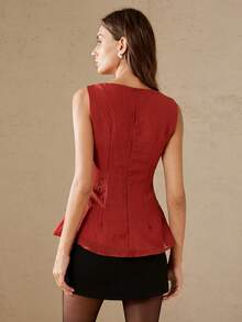 Aveloria Rosie 欧美夏季时尚女装新款百搭无袖褶皱迷你裙上衣，法式浪漫复古收腰伞裙廓形设计，高腰显瘦圆领度假风上衣 - 酒紅色 - 查看 2