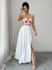 Elenzga Đầm cổ chữ V in hoa, buộc dây phía sau, xẻ tà, lưng thun, kiểu dáng thanh lịch, thoải mái cho kỳ nghỉ. - Nhiều màu - Xem 7