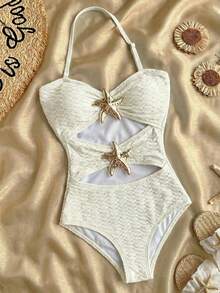 SHEIN 少女金属装饰镂空连体泳衣，适合海滩度假、泳池派对、沙滩派对 - 米色 - 查看 1