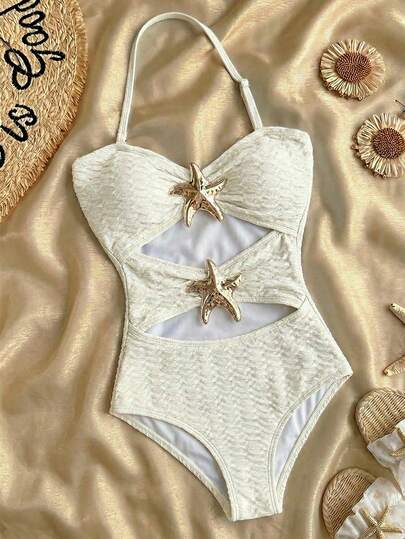 SHEIN Tween Girl Metal Decor Hollow Out One Piece Swimsuit, Lämplig för strandsemester, poolparty, strandfest