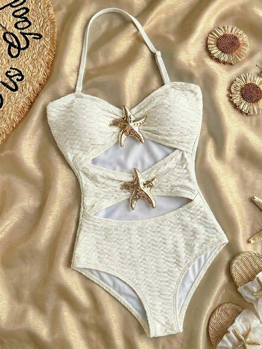 SHEIN 少女金属装饰镂空连体泳衣，适合海滩度假、泳池派对、沙滩派对 - 米色 - 查看 1