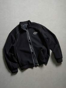 SLATEMANN Mature, Casual, Letter Print, Contrast Trim Design Jacket And Coat - Black - View 6