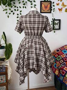 Sunspun Plus Size Women's Retro French Collar Plaid Waist Asymmetrical Hem Short Dress - Brown - View 2