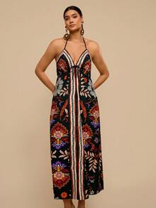 Travachic Plus Size Floral Print Open Back Dress For Women, Spring & Summer, Summer Outfits For Women, Beach Outfits For Woman, Women, Spring Break, Concert Outfit Women, Boho, Rave Outfits, Tropical Vacation - Black - View 6