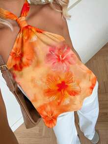 SHEIN EZwear Top feminino frente única com estampa floral de hibisco laranja, estilo casual minimalista para férias na primavera e verão, cruzeiro na praia, boho, faroeste, festival, garota da ilha, vintage, praia, romântico, com vibe de férias, férias de primavera, fofo, para casa, delicado, para garota clean, festival de música, show, casamento, convidada, viagem à cidade, elegante para as férias. - Multicolorido - Ver 5