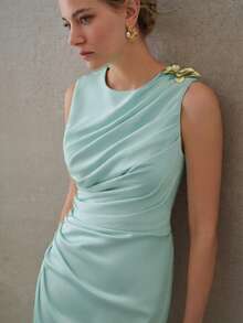 MOTF PREMIUM ELEGANT BUTTERFLY METAL DECOR RUCHED MIDI DRESS, SUITABLE FOR DATES AND EVERYDAY WEAR - Mint Blue - View 2