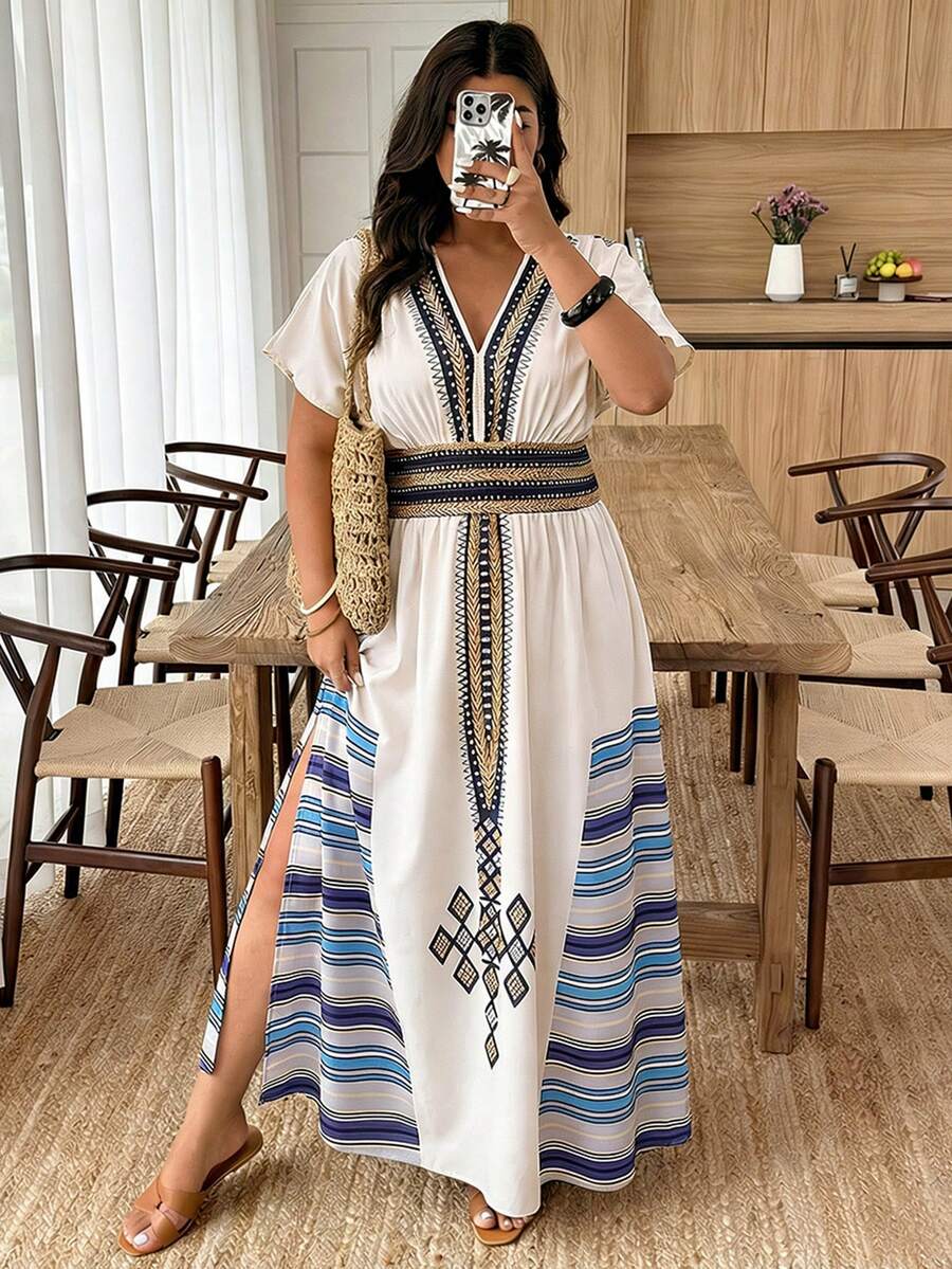 Weeklong Plus Size Women V-Neck Geometric Print Ruched Waist Slit Elegant Party Dress - Multicolor - View 1