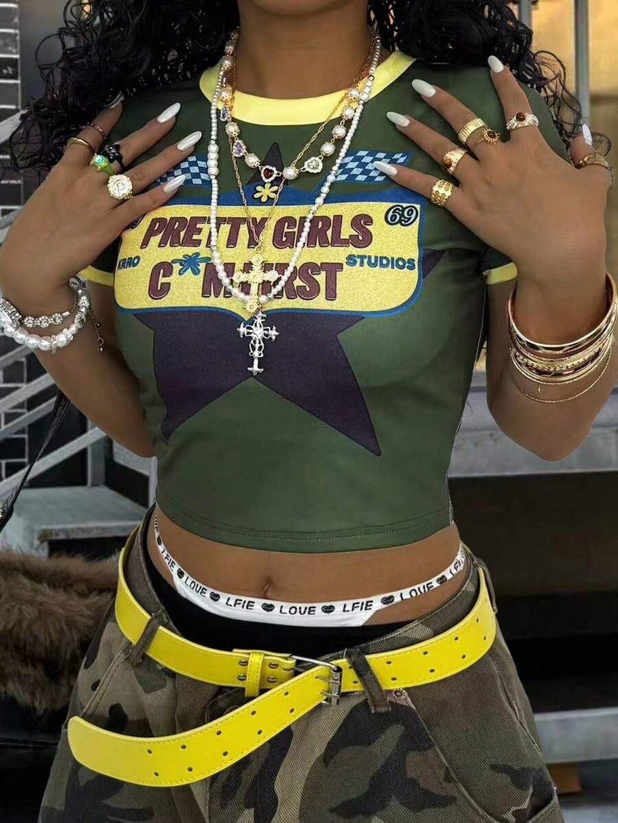 Rovax Women's Contrast Trim Star & Letter Print Cropped Tight T-Shirt - Green - View 1