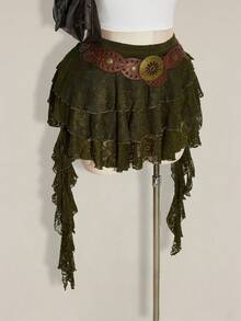 SHEIN ICON 大码度假休闲性感白色蕾丝荷叶边迷你裙，配有安全短裤，适合夏季、音乐节和返校季穿着。 - 軍綠色 - 查看 7