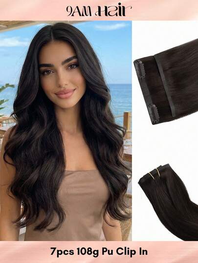 Seamless Clip Ins 100% Real Human Hair Extension 7PCS Seamless PU Clip In Human Hair Extensions Straight 14-22 Inch Dark Brown Skin Weft Remy Hair Extensions 110G With Clips