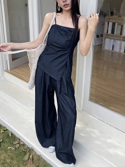 DAZY Women's Solid Color Pleated Camisole & Wide Leg Pants Casual Vacation Summer Suit