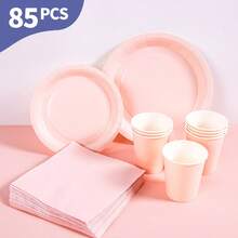 Bộ bát đĩa, khăn ăn và cốc dùng một lần màu hồng nhạt, phục vụ 20 người. Bộ đồ dùng tiệc dùng một lần này (bao gồm bát đĩa, khăn ăn và cốc) rất phù hợp cho các bữa tiệc sinh nhật, đám cưới và dã ngoại gia đình. - Xem 1