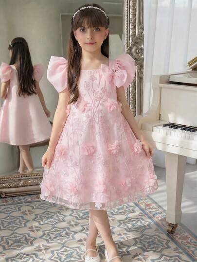 SHEIN فستان أنيق كاجوال للفتيات المراهقات مزين بزخارف زهرية ثلاثية الأبعاد مطرزة بالخرز، فستان أنيق بياقة مربعة وقصة A-line، لون شمبانيا مناسب للحفلات والأعراس والمناسبات والأعياد وحفلات الزفاف، ملابس متطابقة للأخوات