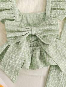 SHEIN 2pcs Tween Girls' Casual Patchwork Ruffle Hem Shirt And Pants Set Woven Texture Stylish Green Floral Girls Outfit Teen Jumpsuit Summer Sets - Mint Green - View 5