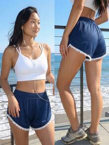 Fluxe Women's Summer Casual Lace Trim Shorts - Navy Blue - View 1