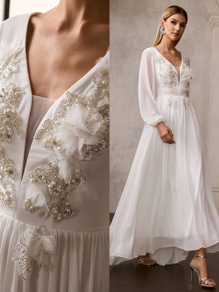 WOMEN'S NEW WHITE EMBROIDERED CHIFFON V-NECK LANTERN SLEEVE MAXI DRESS, VINTAGE ELEGANT ELEGANT LONG FORMAL GOWN, RUNWAY SHOW CELEBRITY STYLE PARTY DRESS