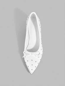 Ontre Women's Pointed Toe Satin Slip-On Pumps With Bow Decor, Sweet & Elegant Style, Suitable For Wedding, Date, Spring & Autumn - White - View 5
