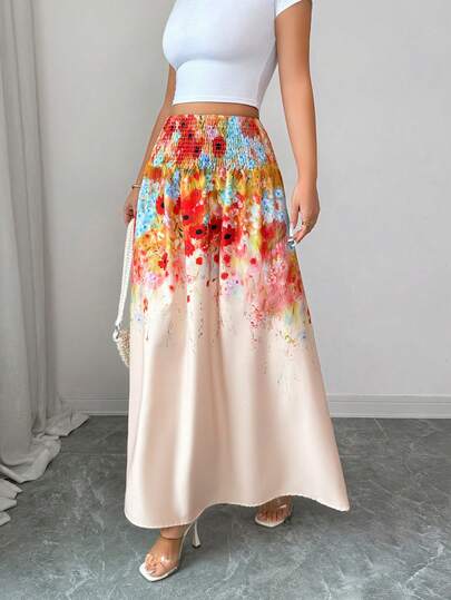 Elenzga Women's Elegant Vacation Style Printed High Waist A-Line Skirt