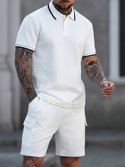 Manfinity CasualCool Conjunto de camisa polo de manga corta casual con textura asimétrica para hombre
