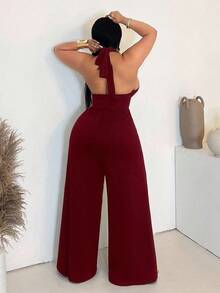 Maweii Plus Size Women's Sexy Solid Color Halter Deep V Metallic Decor Clasp Jumpsuit, Fashionable Design Versatile For Party And Gathering - Burgundy - View 2