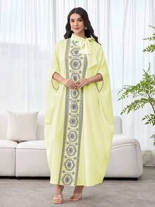 SHEIN Najma 女士拼接优雅领结宽松奢华连衣裙 - 黃色 - 查看 4