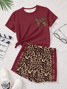 Conjunto de 2 piezas de camiseta de manga corta de cuello redondo holgado con decoración de lazo y estampado de leopardo, y shorts, estilo vintage americano para adolescentes, adecuado para primavera/verano - Multicolor - Ver 3