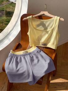 Comfortcana 2件套女士夏季字母印花背心和撞色短裤套装，度假装，米黄色 - 彩色 - 查看 6