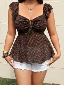 Sunnyshic Blusa Elegante e Fofa com Estampa de Poá Retrô, Gola Quadrada, Manga Bufante, Laço com Cordão, Plissado em Linha A, na Cor Café, para Mulheres Plus Size - Café - Visão 3