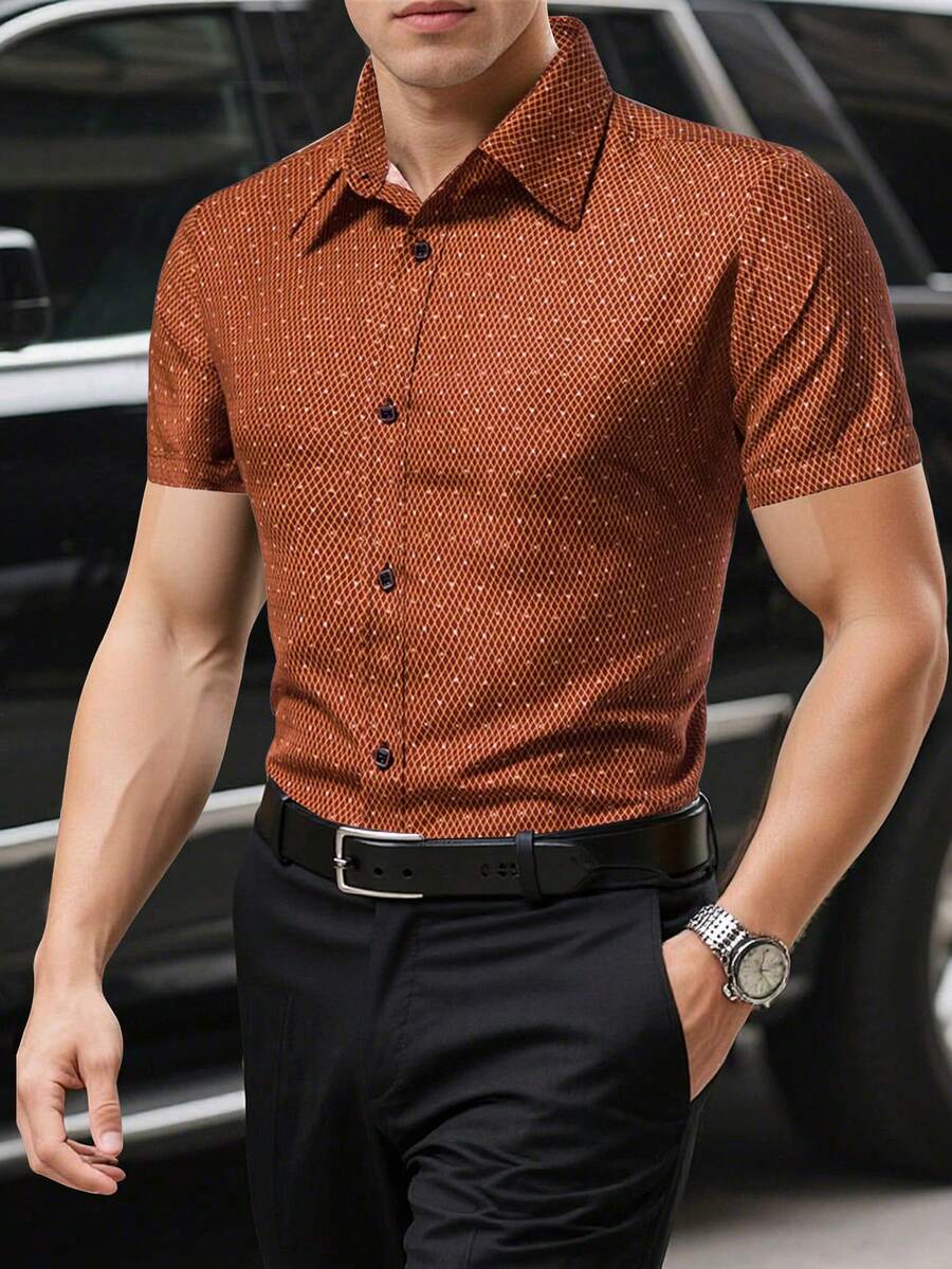Manfinity Mode 宽松男士菱格纹纽扣衬衫 男士短袖正装衬衫 锈红色男士衬衫 - 橘色 - 查看 1