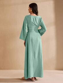 Graceveil Đầm Abaya cổ tròn, màu trơn, có dây rút - màu xanh lá - Xem 3