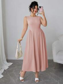 Elenzga Chic Women's Dusty Pink Sleeveless Round Neck Midi Plus Size Dress With Flared A Line Style Event Tea Party Summer Elegant - Dusty Pink - View 6