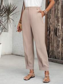 EMERY ROSE 女士休闲褶裥纽扣口袋裤，日常百搭 - 卡其色 - 查看 5