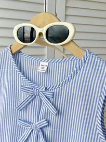 Tween Girls Cute Bow Tie Striped Camisole Top, Casual Everyday Versatile Wear Kids Peplum Top Girls Blue Bow Blouse Girls Peplum Top Girls Bow Top Girls Blue Striped Top Girls Blue Bow Top Kids Striped Top Kids Blue Shirt,Kids - Blue - View 4