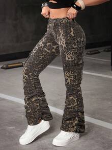 Flirla Quần jeans ống loe nữ có túi và cúc cài, họa tiết da báo, kiểu dáng thường ngày, đa năng. - Nhiều màu - Xem 3
