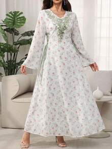 Al Najma Đầm tay loe cổ chữ V họa tiết hoa phối màu tie-dye, kiểu Ả Rập, mùa xuân/hè. - màu xanh lá - Xem 5