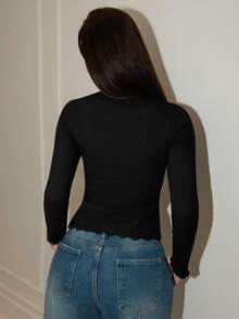 Bris Aura Women's Lace Frill Trim Fitted Cardigan Long Sleeve Top - Black - View 2