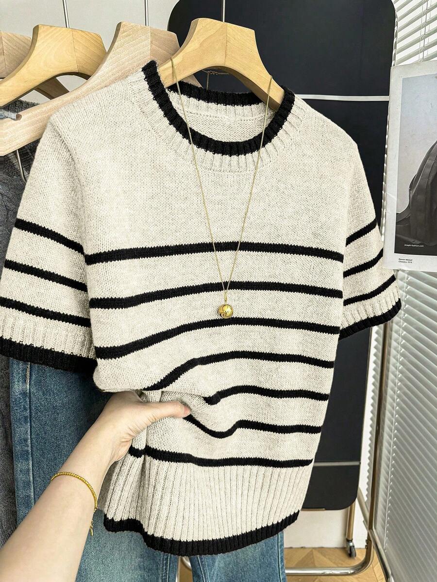 SHEIN Franclia 新款春夏韩版休闲宽松个性条纹撞色针织女式上衣 - 米色 - 查看 1