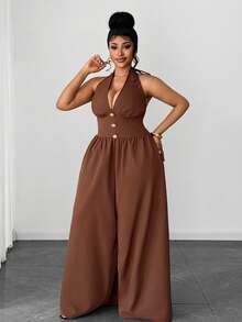 Maweii 大码金属扣通勤吊带腰部喇叭复古连体裤 - 棕色 - 查看 5