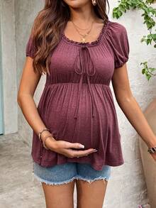 Maternity Casual Solid Color Drawstring Short Sleeve T-Shirt - Burgundy - View 8