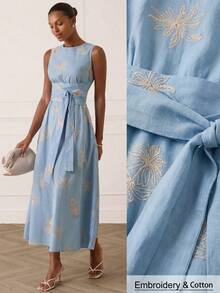 Lilora 这款优雅的女士无袖长款刺绣连衣裙，精致时尚，百搭又不失优雅，适合通勤、日常穿着、休闲外出、派对、约会、聚会、休闲活动、野餐、假日、度假、夏季郊游和假日旅行等各种场合。棉质夏季连衣裙、女士度假连衣裙、棉质连衣裙、女士连衣裙、休闲长裙、女士春季连衣裙、女士棉质休闲连衣裙、女士夏季度假装、女士连衣裙、女士场合连衣裙。 - 淺藍色 - 查看 1