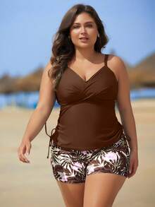 Swim Lushoire Plus Size Women Summer Beach Criss-Cross Design Tankini Swimwear Set - Brown - View 3
