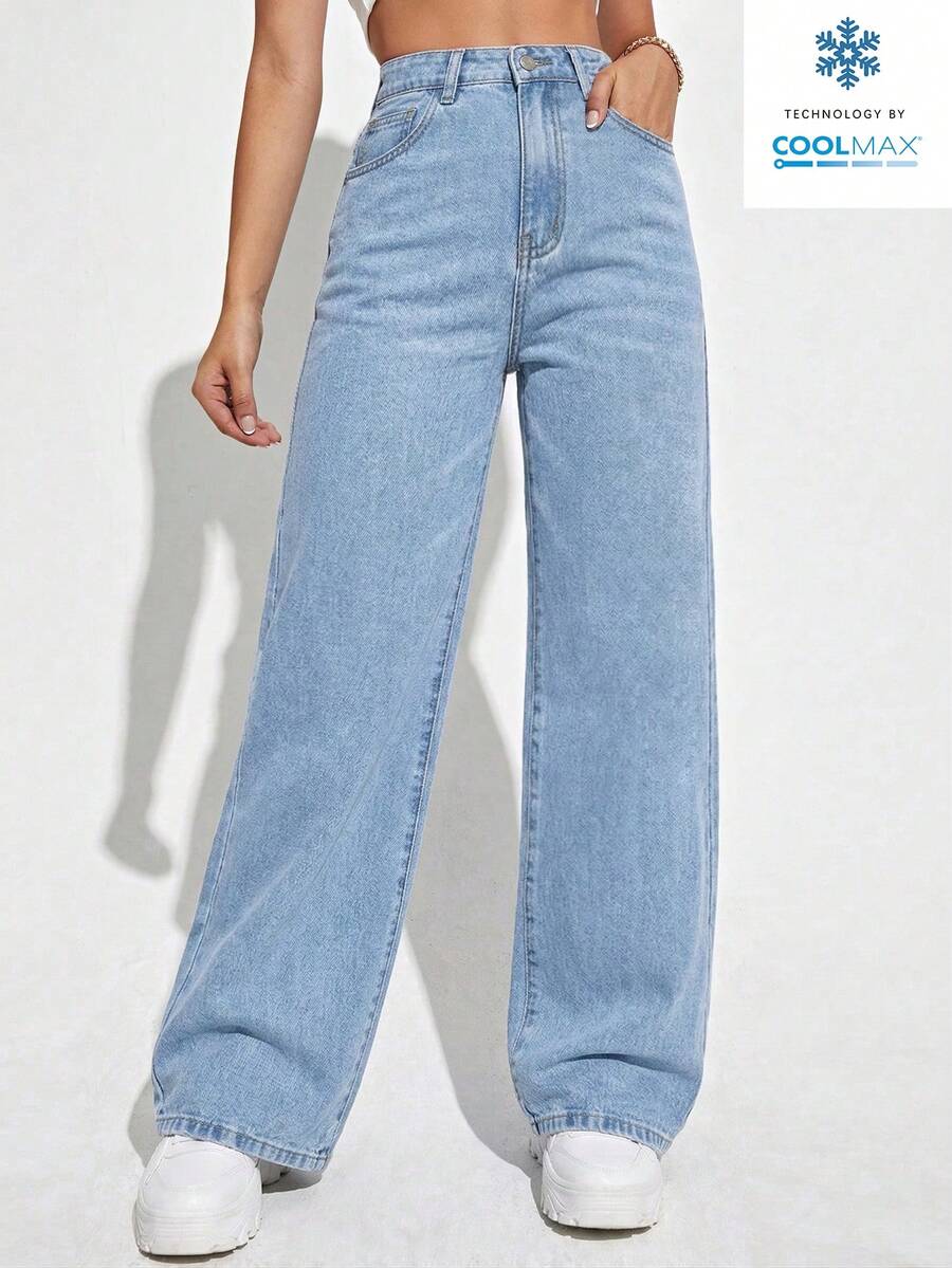 SHEIN ICON Celana Jeans Kasual Model Washed Pinggang Tinggi Potongan Lurus - Light Wash - View 1