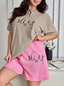 SHEIN Cotton Plus Women 2 Pcs Pink Contrast Colour Sleep Lettered Pattern Detail Top& Elastic Waist Solid Shorts Homewear Casual Pajama Sleep Lounge Set - Beige - View 4