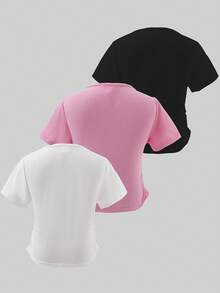 3pcs Young Girl Bow Decor Casual Solid Color Round Neck Short Sleeve T-Shirt, Comfortable & Fashionable, Suitable For Travel, Spring/Summer Wear - Multicolor - View 2