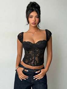 Aloruh Women's Black Lace Patchwork Bustier Camisole,Chic Sleeveless Tight Fitted Corset Top,Elegant Club Party Summer Top For Dates,Music Festival - Black - View 8