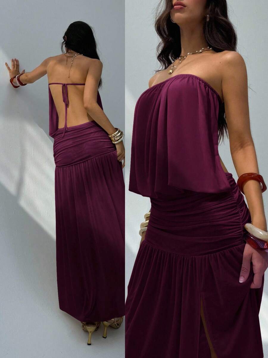 Aloruh 女士新款纯色露肩连衣裙，夏季服装，带褶饰设计的露背连衣裙，伞状下摆长裙，透视连衣裙