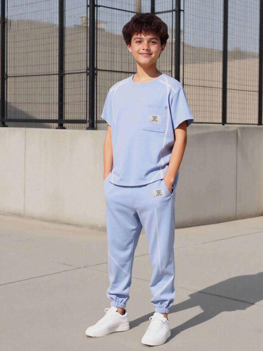 Vacaura 男童休闲白色条纹口袋设计短袖T恤和针织运动裤套装(2件套),春夏款 - 藍色 - 查看 1